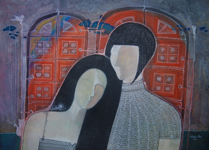 Pictură cu două personaje în fața unor porți roșii, semnată de artistă