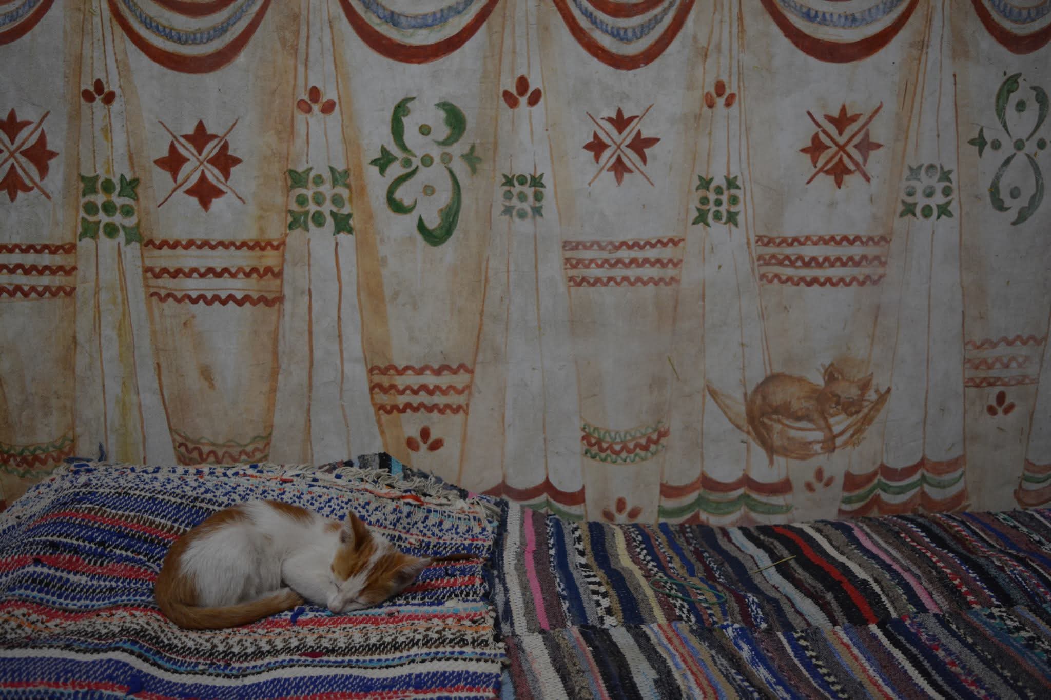 Perete pictat tradițional cu draperii și ornamente stilizate, într-un interior cu lăicere
